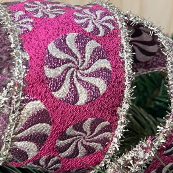 Sweet Pink Peppermint Jacquard Ribbon with Silver Tinsel Edging Christmas Crafts - Picture 3 of 5